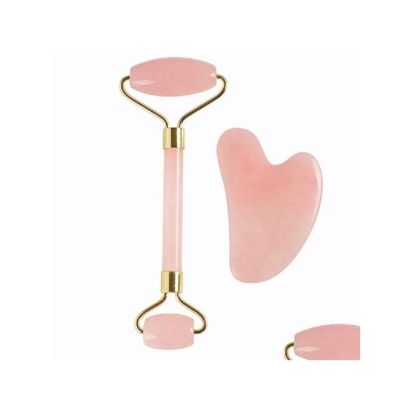 Dispositivi per la cura del massaggiatore facciale Beauty Mas Salon Need Jade Roller Masr Set di cristalli rosa Scheda Scra a forma di cuore 2 pezzi 10 set per lotto Super Dh1Md