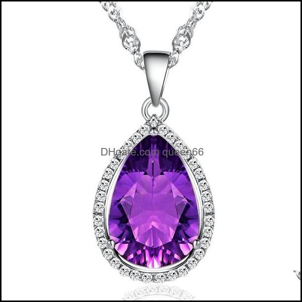 Подвесные ожерелья Sier Collece Water Drop Amethyst Zircon Gemstones Jewellery для женских свадебных вечеринок подарки подарки ювелирные изделия Pendan Dhojr