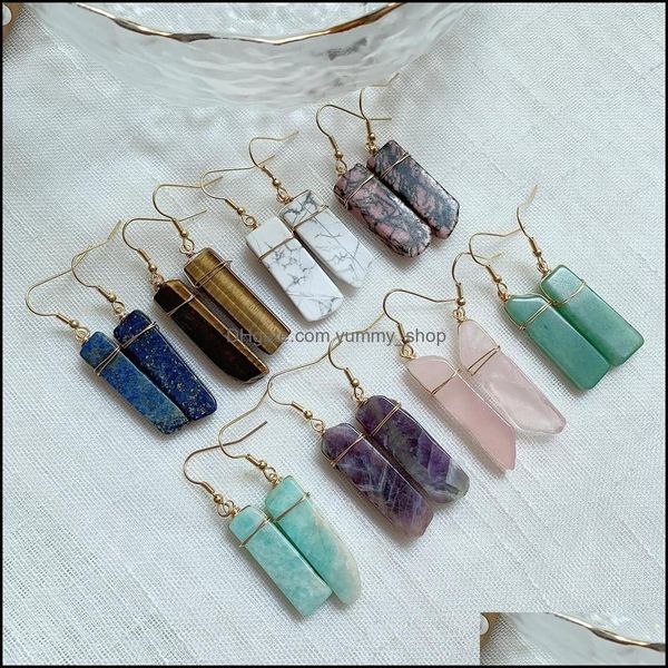 Dangle Avize İyileştirici Doğal Taş Küpeler Irregar Rec Long Tassel Pendum Amazonite Lapis Pembe Kuvars Mor Kristal Drop EA DHJPC