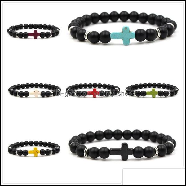 Bracelets de charme Moda unissex Natural Stone Cross Men Bracelet Work Hand Onyx Matte Drop Datch Jewelry DHXBR