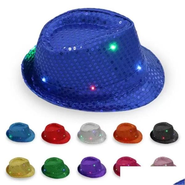 Ставки для вечеринок светодиодные джазовые светильники Fedora Trilby Sequits Caps Cancie Dress Dance Unisex Hip Hop Lamp