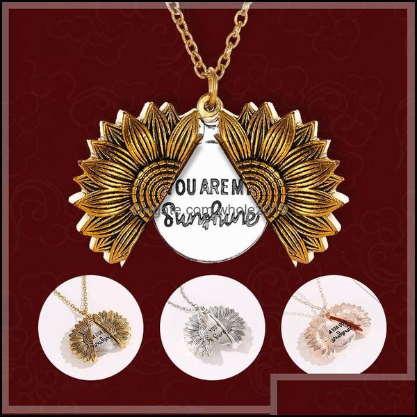 Anh￤nger Halsketten antike goldene Sier offenes Medaillon Halskette Graviert Sie sind meine Sonnenschein Sonnenblume einzigartige Party Schmuck Geschenk Drop deliv dh87i