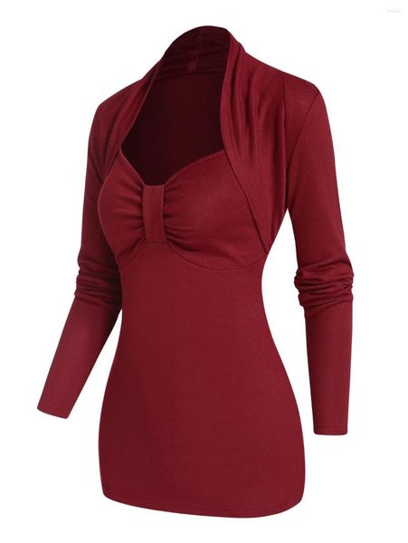 Magliette da donna tinta unita Top busto increspato collo a cuore manica lunga tinta unita rosso casual per le donne T-shirt invernali alla moda