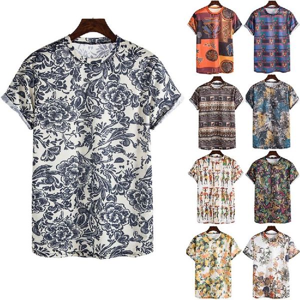 Herren T-Shirts Sommer 2023 T-Shirt Lässiger Baumwoll- und Leinendruck Hawaiianisches Kurzarmhemd Street Retro Kleidung Camisas M-3XL