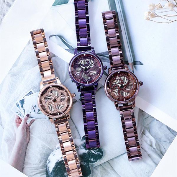 Orologi da polso Cristalli Fiori Orologi rotanti per donna BUONA FORTUNA Regali Romantico orologio da polso floreale Bracciali in acciaio pieno Orologi Impermeabili