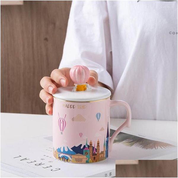 Canecas 400ml Castelo de balão de 400 ml caneca de café com colher de tampa leite criativo de leite de leite de casal xícara para amigos Drop D Dhfq3