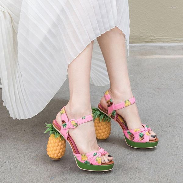 Sandalen Comemore Ananas High Heels Schnalle Strap 2023 Rosa Gedruckt Peep-Toe Pumps Sommer Plattform Schuhe Frauen Dicke Unterseite