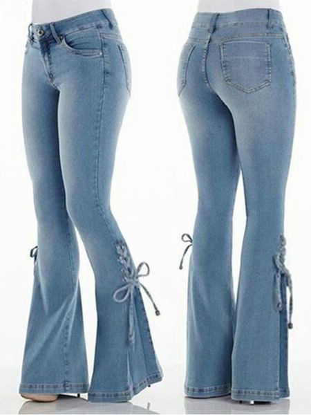 Calças femininas s moda cintura alta flared jean bow boot corte casual senhora lace up calças cowgirl vintage azul sino inferior denim y2k 230111