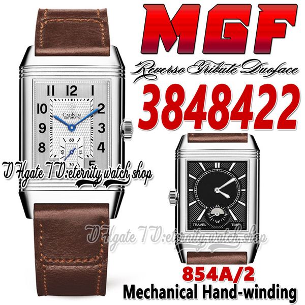 MGF Reverso Tribute Duoface MG3848422 Relógio de homens 854a/2 Mecânica Winding Hand Dual Horily Case Steel Dial Dial Strap Strap Super V2 Edição Eternidade Relógios