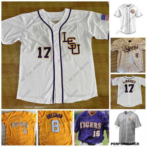 Maglie Maglie da baseball Baseball personalizzato LSU Tigers College Maglie da baseball 17 DJ LeMahieu 8 Alex Bregman Aaron Nola Gausman Aaron Hill Eri