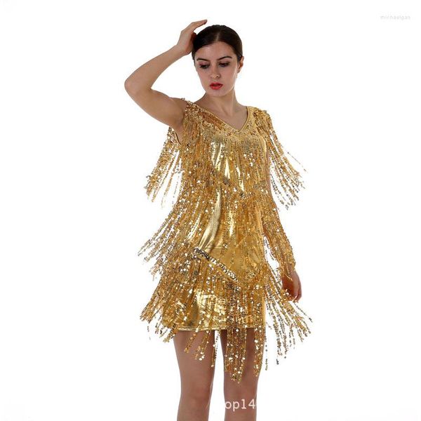 Casual Kleider Pailletten Gold Fransen Kleid Weibliche 2023 Für Frau Tanzen Robe Sexy V-ausschnitt Fringe Quasten Nachtclub Sommer Mini