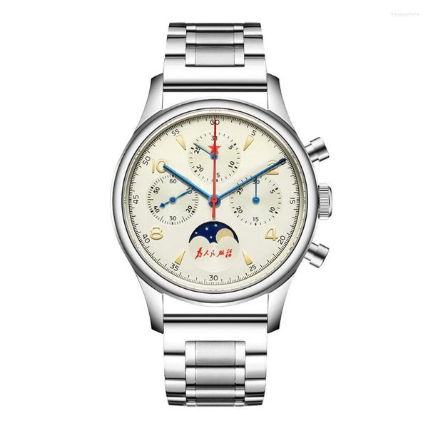 Нарученные часы Seakoss 40-мм многофункциональные хронографные часы мужской сапфировый календарь Лунный фаза механические часы 1963 г. Seagull ST1908 Движение