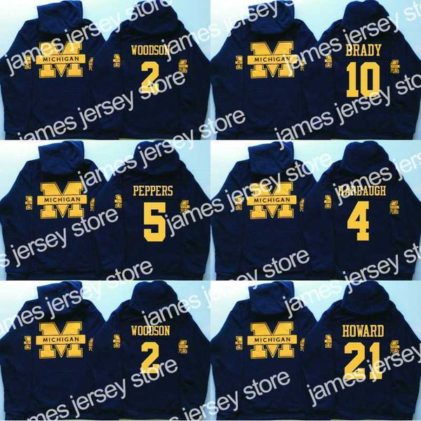 Maglie da hockey Uomo Michigan Wolverines Coollege Jersey 5 Jabrill Peppers 4 Jim Harbaugh 10 Brady 2 Charles Woodson 21 Howard Maglie Felpe con cappuccio Felpe