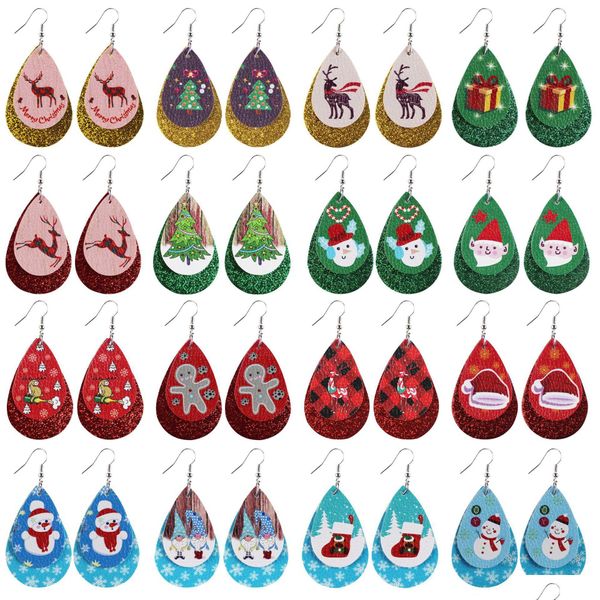 Dangle Kronleuchter Weihnachtsohrringe f￼r Frauen Doppelschicht Wasser Drop Tree Elch Santa Claus Snowman Faux Leder Lieferung Schmuck DHZB0