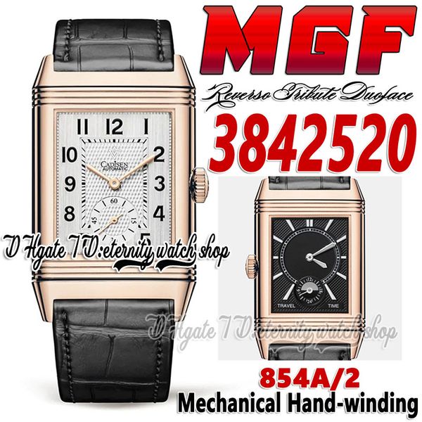 MGF Reverso Tribute Duoface mg3842520 Relógio Masculino 854A/2 Mecânico Corda Manual Fuso Horário Duplo Caixa em Ouro Rosa Mostrador Prata Pulseira de Couro Edição V2 Relógios Eternidade