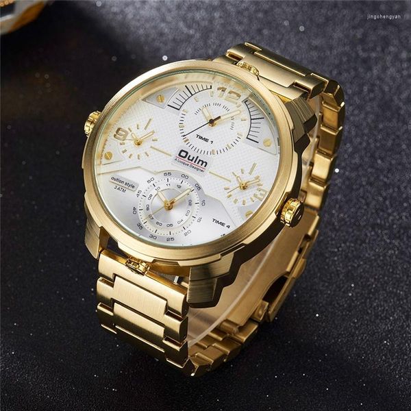 Avanadores de pulso Oulm Men Watches Luxury Gold 4 Fuso horário Banda de aço inoxidável Quartz Assista Big Dial Sports Militares 2023