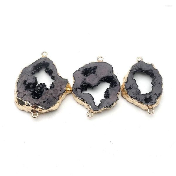 Collane con ciondolo Cristallo nero naturale Agate Druzy Connettori Placcato irregolare Oro Doppio foro Commercio all'ingrosso 8 pezzi per gioielli