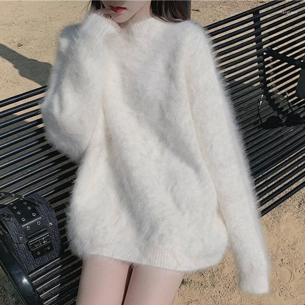 Suéteres femininos Moda chique feminino Mink Pulloves brancos de caxemira preguiçosos inverno de outono mole quente espesso maconha de malha solta tops de suéter solto