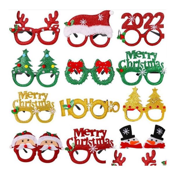 Noel Dekorasyonları 2021 Mutlu Yıllar Gözlükleri 40 Styles Festival Partisi Dekorasyon Çocukları ADT PO PROPS Glitter Gözlük Çerçevesi XMA DHGBR
