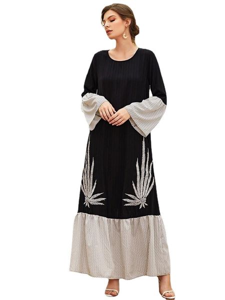 Casual Kleider Maxi Für Frauen Mode Kontrast Nähte Ethnische Stickerei Langarm Abaya Kleid Schwarz Arabisch Muslimischen Kleidung