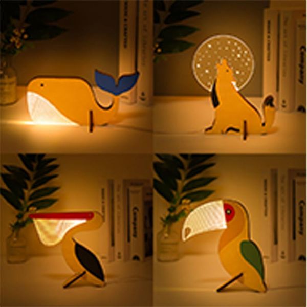 Dekorative Figuren Objekte Tiere LED Nachtlicht Holz Acryl Tisch USB Lichter Dekorieren für Kinder Baby Kinder Nachttischlampe Pelikan Si