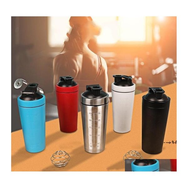 Bottiglie d'acqua 304 Bottiglia di shaker proteico in acciaio inossidabile Siero di latte in polvere Palestra Shake Bollitore Milkshake Mixer Sport Single Layer Drop Delive Otjd7