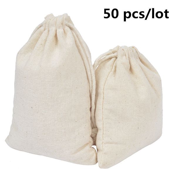 Bolsas de armazenamento 50 PCs/lote algodão drawstring christms wedding presente de casamento diy bolsa plana reutilizável organizar póbaco 8x10 10x12 10x15 230111