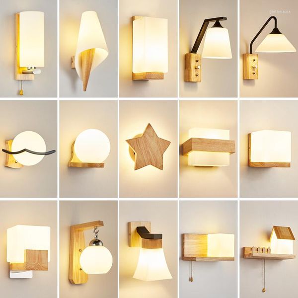 Wandlampen Japanische Holz Wandleuchte Lampe Nachttisch Treppe Applikation Murale Nordic Design Art Deco LED-Leuchten Lampada Da Parete