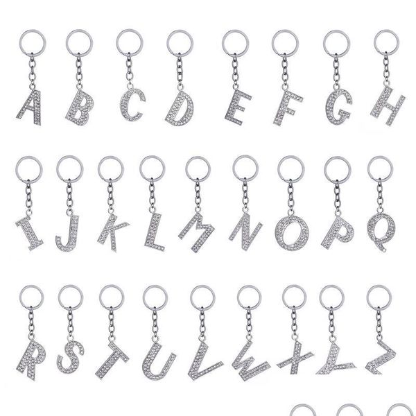 Anéis -chave Moda Novo Cristal Strass Ring Anel Alfabet Metal Cadeia de carta inicial unissex Keychain 26 Letras Drop Delivery Jewelry Dhrm1