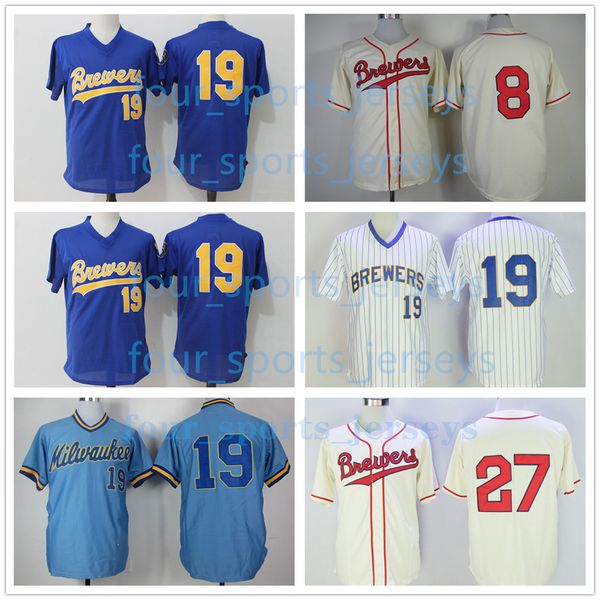 Retro honkbalshirts 8 Ryan Braun 19 Robin Yount 27 Carlos Gomez Zwart Maat S--6XL