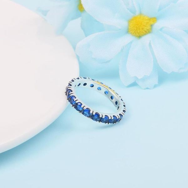 Ringos de cluster Sparkling Row Eternity Ring Blue Crystal Sterling Silver Jewelry for Woman Diy Party Make Up Wedding Winter