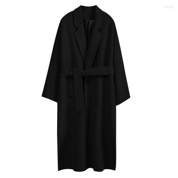 Miscele da donna in lana da donna 2023 Trench invernale Autunno Nero Giacca lunga femminile Cintura Flanella Soprabito Abbigliamento Casaco Feminino