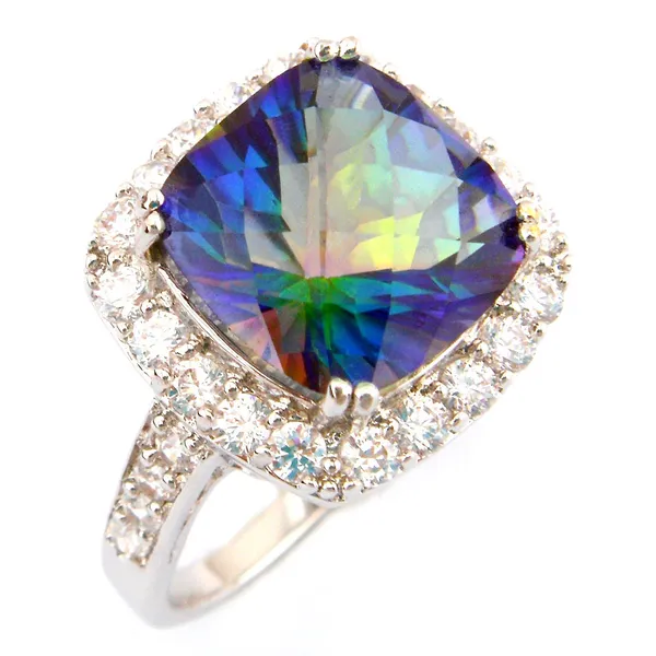 Venda quente anel de topázio místico anel de topázio de cristal natural anel de casamento banhado a ródio para mulheres
