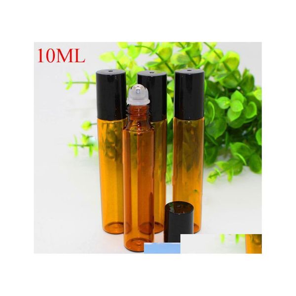 Paketleme şişeleri 1200pcs/lot 10ml Amber Cam Rulo Paslanmaz çelik silindir topu uçucu yağlar ile BOOL DONANIM YERİ KAHVERENGİ