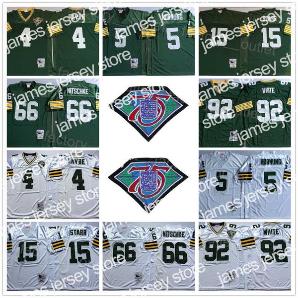 Camisas de futebol Mitchell e Ness Throwback Football 75th Vintage 4 Brett Favre Jersey 15 Bart Starr 66 Ray Nitschke 92 Reggie White 5 Paul Hornung Green