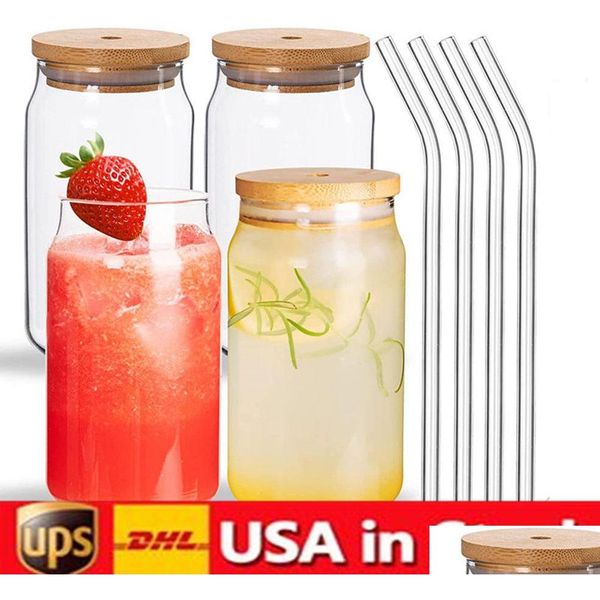 Tazze Us Warehouse 12Oz 16Oz Bicchieri di vetro a sublimazione con coperchio in bambù Lattina di birra smerigliata Bicchiere in borosilicato Mason Jar Tazze Tazza Plasti Dhlup