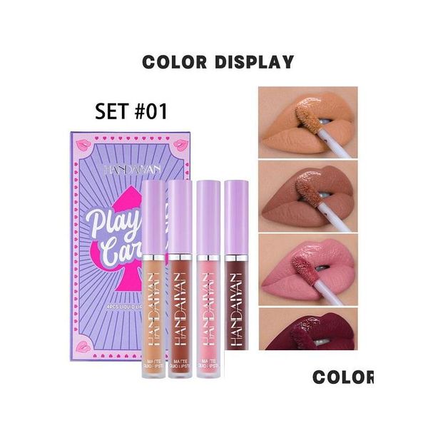 Lippenstift Lila Lippenstifte Lipgloss Neue Pokerverpackung 4 Farben in einer Box Mattnebeleffekt Antihaftbeschichtung Wasserdicht Verblasst nicht Ea Dhroe