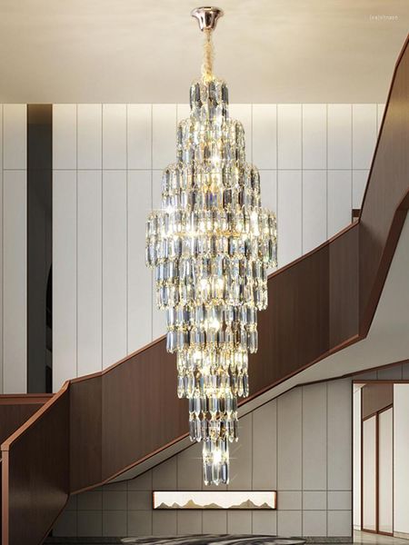 Lâmpadas pendentes Duplex Light Light Luxury Crystal pós-moderno Minimalista Villa High Staircase Chandelier