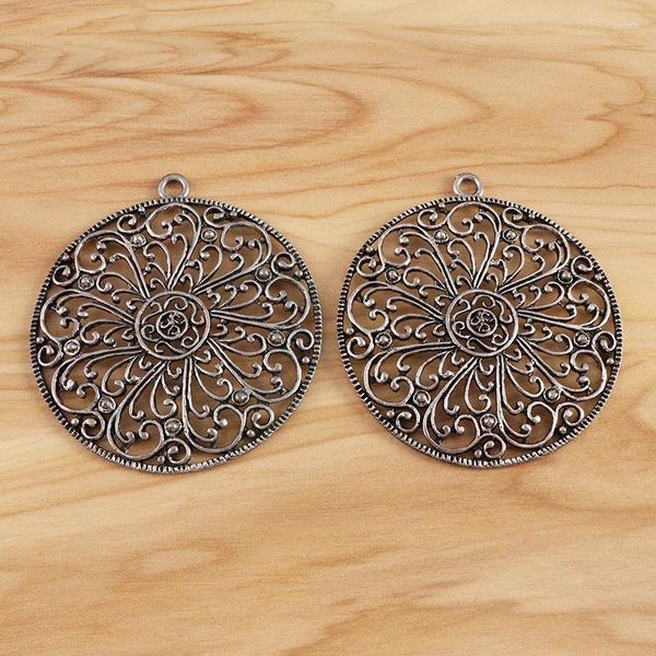 Colares pendentes de 2 peças 2 peças prata tibetana grande filigrana holigree redondo pingentes para jóias de colar fazendo 57x63mm