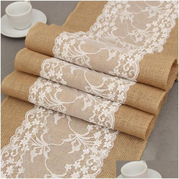 Tabela de mesa Hessian Lace Runner Tobeira de mesa 275x30cm Vintage Burlap Linen Wedding Party Decor TQQ BH3010 Drop Delivery Home Garden Te Dhuzk