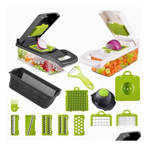 Utensili per frutta e verdura 14 in 1 Affettatrice multifunzionale con cestello Tritapatate Grattugia per carote Gadget Cucina Accesso Dhydd