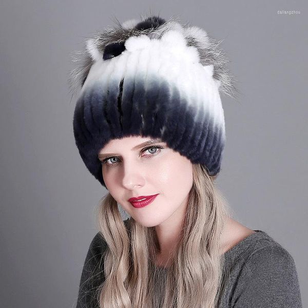 Berets Damen Mütze Mode Russische Winter Echtpelzmütze Natur Rex Warm Damen Gestrickt Geunine