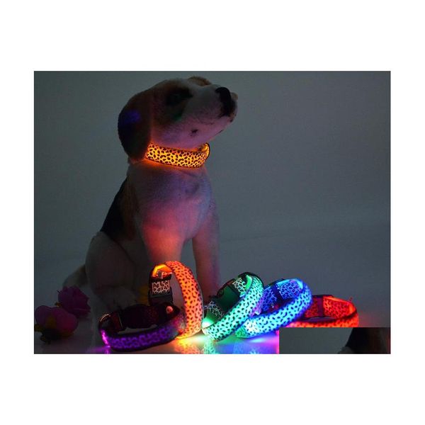 Colarinhos de cachorro colares de colares noturnos de seguran￧a liderada por nylon colarinho de pet glow em produtos de moda estampa de leopardo escuro Drop entrega de casa home jardim s dhjzs