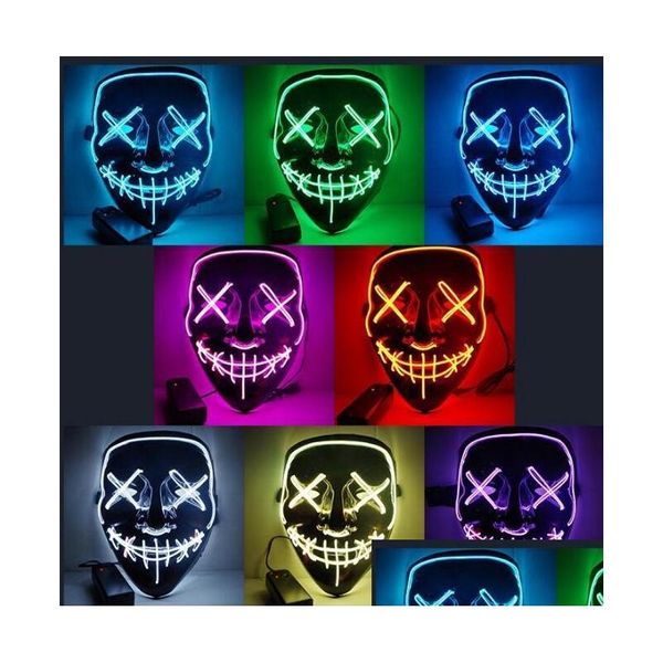 Parti Maskeleri 3pcs Cadılar Bayramı Korku Maskesi LED Parlayan Puraj Seçim Maskara Kostümü DJ Işık Up Koyu 10 Renk Damlası Hat Dhgpy
