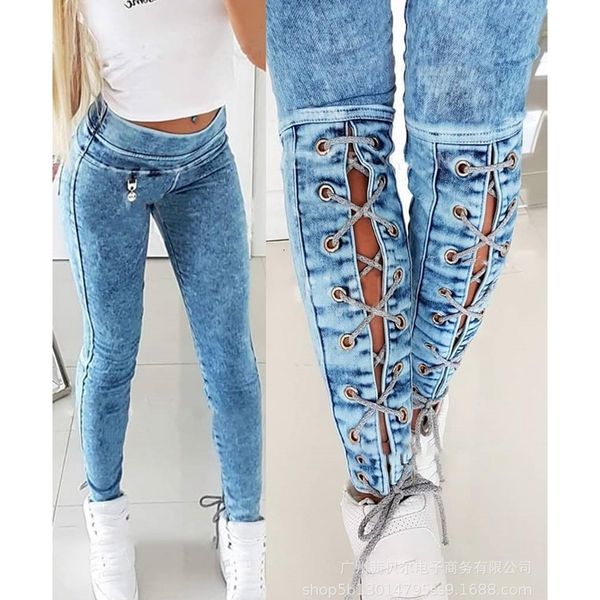 Slimfit dantel için kadın kot pantolon sonbahar moda orta bel denim kalem pantolon sokak kıyafetleri pantolon 230111