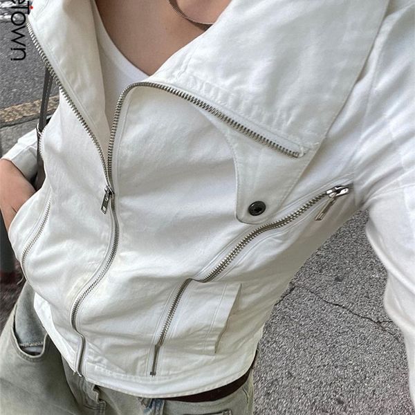 Jackets femininos Sweetwn Street Style Zipper Moda Branca Mulheres com zíper de Turn Down Down Collar Manga Longa Black Outwear Korean 230111