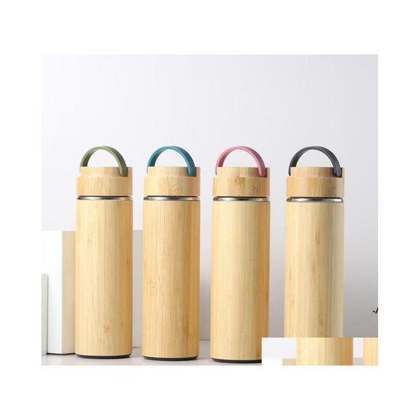 Bottiglie d'acqua Bamboo sottovuoto in acciaio inossidabile da 450 ml Termos con colino da t￨ per ufficio Sea RRA12656 DELLE CONSEGNA DROPI HOME GARDE OTP4Z