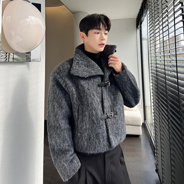 Giacche da uomo Autunno Inverno Uomo addensato in pelle di lana grigia con bottoni colletto alla coreana cappotto corto uomo Giappone coreano streetwear moda giacca allentata