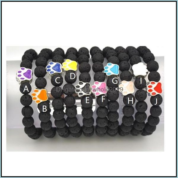 Perline New Paw Charms 8Mm Black Lava Stone Strand Braccialetto elastico Braccialetti diffusore di olio essenziale Impronta di roccia vulcanica Mano Dro Dhmtu