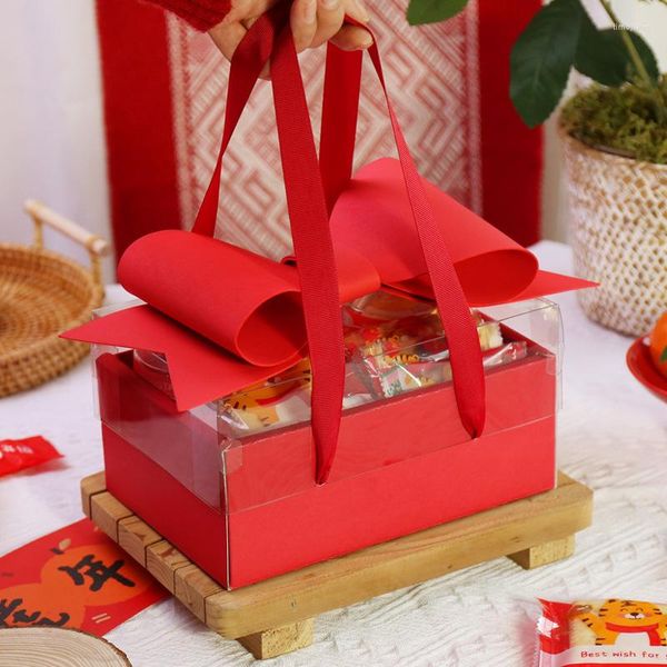 Brocada de presente 5pcs Caixa transparente vermelha com festa de casamento de aniversário de Bowknot Ano de biscoitos artesanais Decoração de embalagens de doces